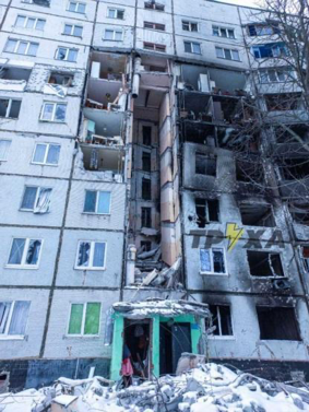 Destroyed apartment building in Ukraine